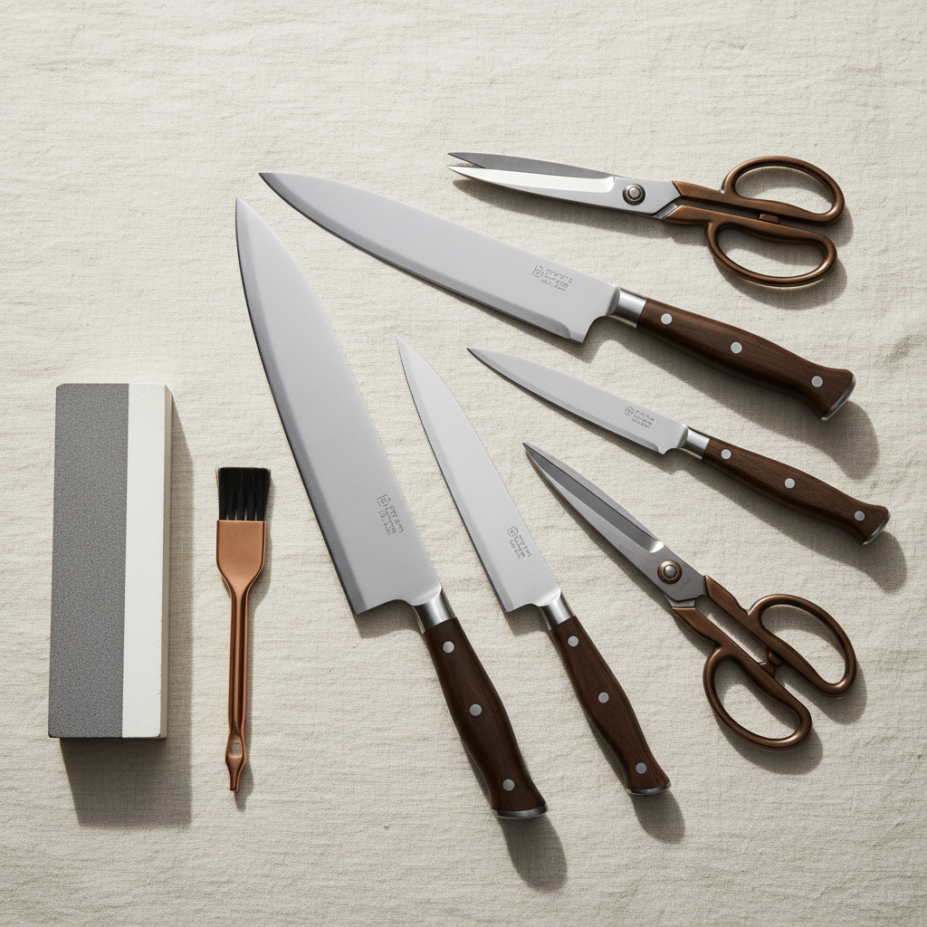Flat lay of sharpened knives and tools